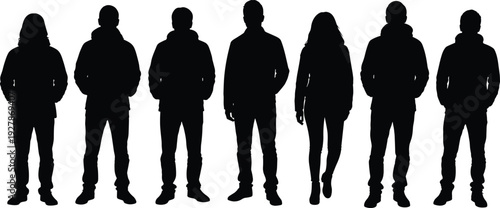 Silhouettes of diverse men and women wearing winter jackets and hoodies standing in a row, casual autumn fashion for outdoor lifestyle,