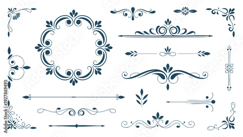 Elegant vintage decorative border and floral patterns in monochromatic design