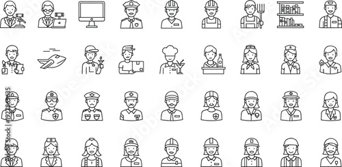 Professional Occupation Avatar Outline Icon Set Featuring Workers, Employees, Engineers, Builders, Medical Staff, and Service Professionals for Business, Web, and App Design