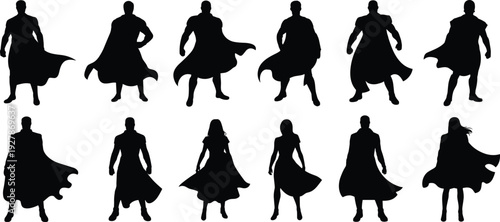 Superhero silhouette set with flowing capes, powerful comic style heroes in dynamic poses isolated on white background, fantasy character collection illustration
