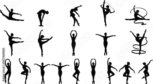 Black silhouettes of rhythmic gymnasts and ballet dancers set, vector female figures performing artistic gymnastics, dance poses, isolated on white.