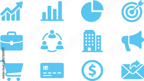 Set of 12 blue business icons including charts target briefcase and buildings
