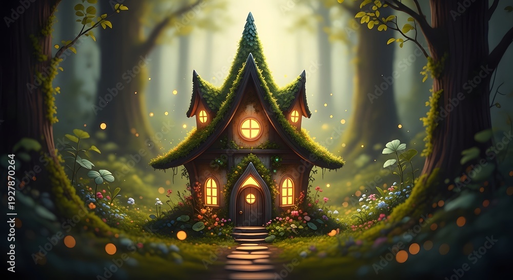 Fototapeta premium St patrick's day whimsical irish cottage in enchanted forest with shamrocks and leprechaun gold