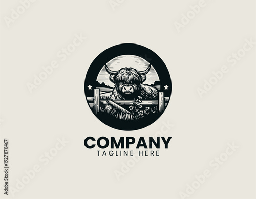 Shaggy highland cow resting on wooden fence with flowers black vector logo illustration isolated on white background