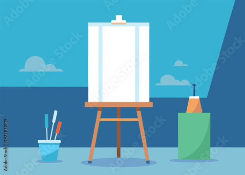 A blank canvas on an easel stands in an artist's studio, surrounded by brushes and painting supplies.