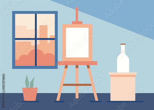 A blank canvas on an easel stands near a window in an artist's studio, with a plant and bottle.