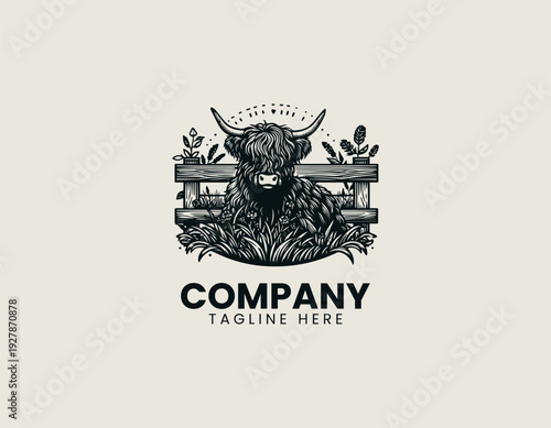 Shaggy highland cow resting on wooden fence with flowers black vector logo illustration isolated on white background