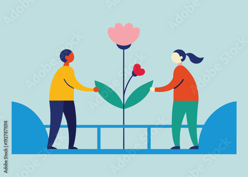 Two people on a blue bridge hold a large blooming plant with a pink flower and a red heart.