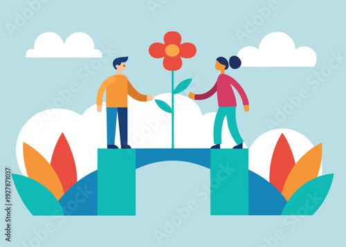 Two people stand on a small bridge holding a large red flower under a sky with clouds.