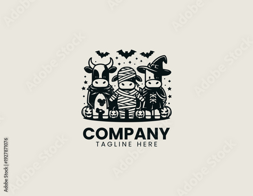 Three cows wearing mummy ghost and witch costumes black vector logo illustration isolated on white background