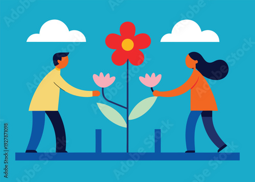 Two people on a blue bridge hold a large red flower with two small pink blooms under clouds.