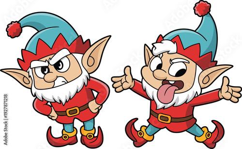 Cartoon Christmas elves with colorful costumes and expressive faces, festive holiday illustration showing cheerful and humorous seasonal character design