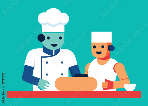 A professional robot chef and an AI robot chef collaborate to prepare food on a red table.