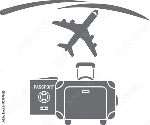 Travel essentials including airplane luggage and passport