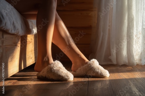Comfortable home morning with warm footwear