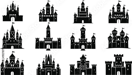 Black silhouettes of medieval castles set, vector collection of fairytale fortresses with towers and flags, isolated on white background for design.