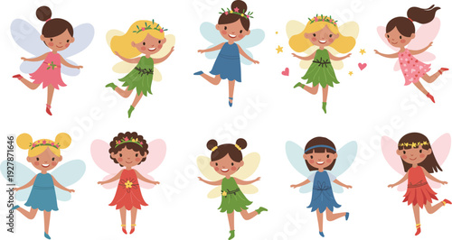 A group of eight cartoon fairy girls in different colorful dresses and hairstyles flying in mid air with wings