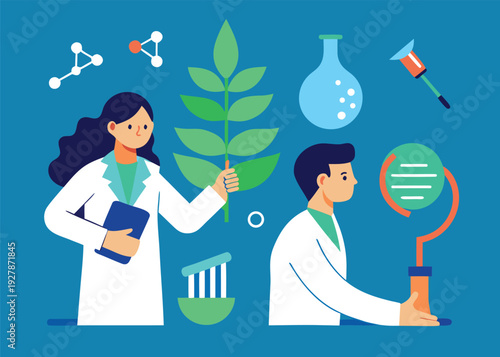 A female scientist holds a plant leaf while a male scientist works with a circular device in a laboratory.