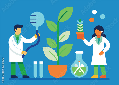 A male scientist examines a plant with a large magnifier, a female holds a small potted plant in a lab.