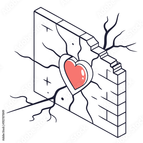 Heart emerges from cracked concrete wall with red color