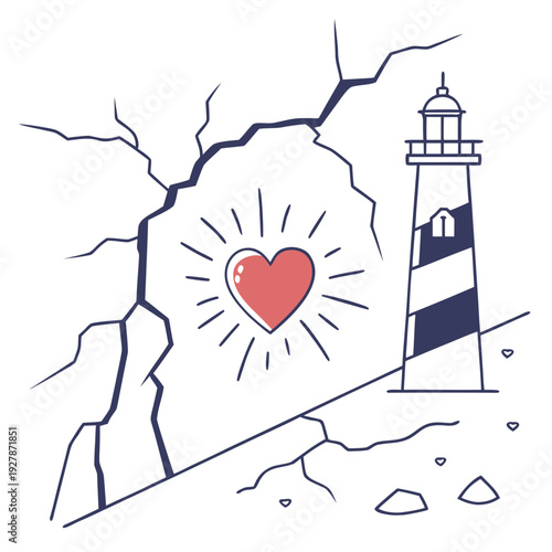 A heart shines near a lighthouse on a cliff