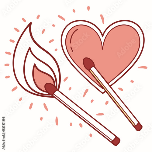 A heart and a match with a flame on a white background