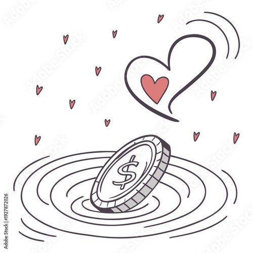 A coin with a heart floating on water