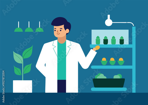 A researcher stands beside a large plant and a shelf with various plants in a modern laboratory.