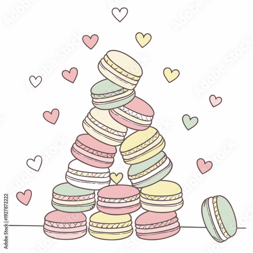 A pyramid of colorful macarons with hearts