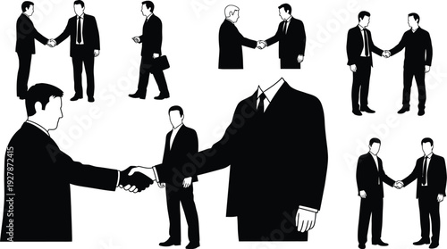 Business people silhouettes show various handshake and high five gestures.