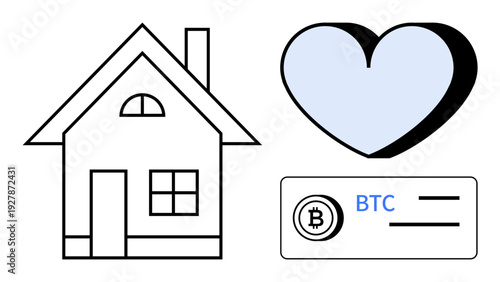 Cryptocurrency, real estate, financial transactions, digital payment, investment, innovative solutions. A house, a heart and a Bitcoin symbol digital card. Cryptocurrency and real estate concept