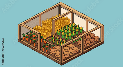 3D Isometric Garden Storage Shed with Produce.
