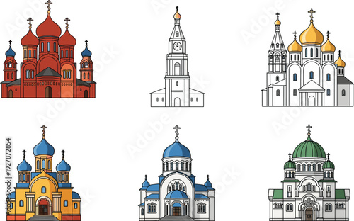  Set of Flat Vector Illustrations Featuring Diverse Orthodox Churches and Cathedrals with Colorful Domes Towers and Crosses Isolated on a Plain White Background
