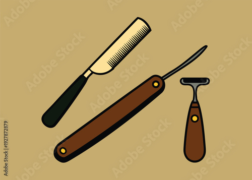 A set of classic men's grooming tools featuring an open straight razor and a smaller handle razor.