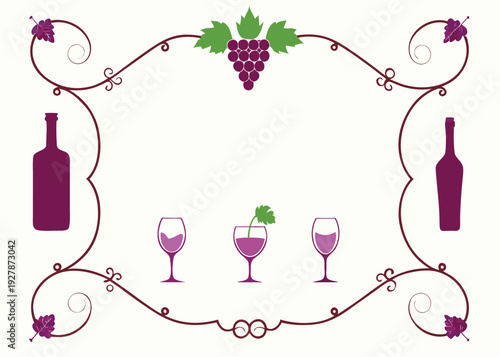 An elegant set of wine and vineyard themed decorative elements arranged within a frame, featuring bottles, glasses, and grapes.