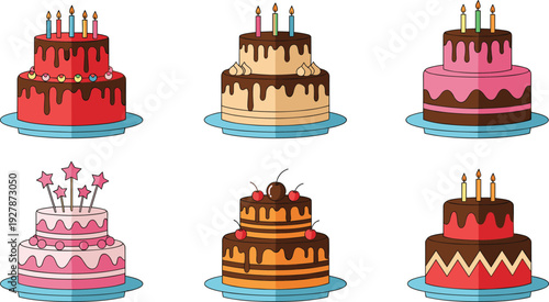 Birthday cake collection with colorful layered celebration cakes vector set for party desserts, bakery design, and festive illustrations