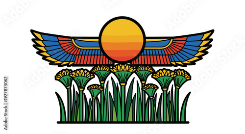 Ancient Egyptian Winged Sun Symbol with Lotus Flowers.