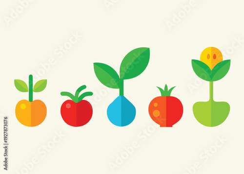 A set of colorful sticker icons showing various stages of fruit and plant growth, including corn and tomatoes.