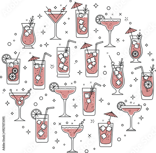 Cocktail drinks doodle pattern vector illustration with hand drawn summer beverages for bar menu, party decoration, and trendy design
