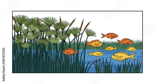 Colorful Fish Swimming in Water Scene.