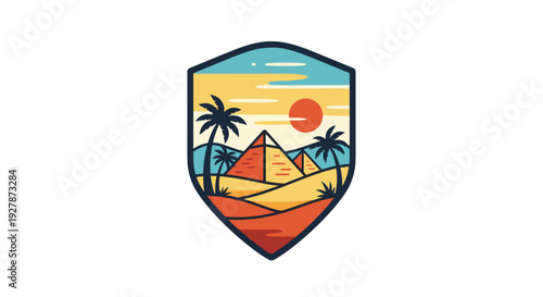 Desert Landscape Shield Icon with Pyramid.
