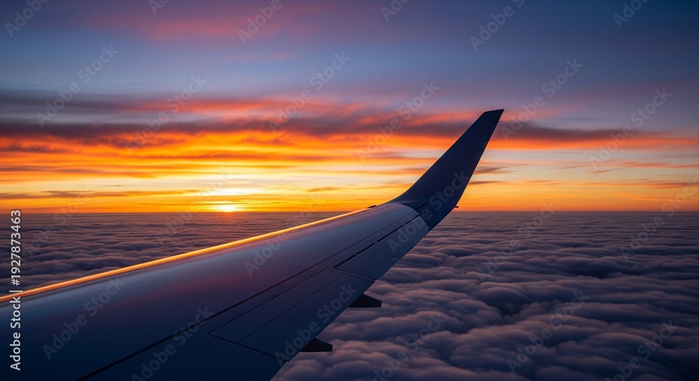 Obraz premium A breathtaking view of a golden sunset over a thick blanket of clouds, taken from an airplane window. The wing of the plane is visible in the foreground against the vibrant orange
