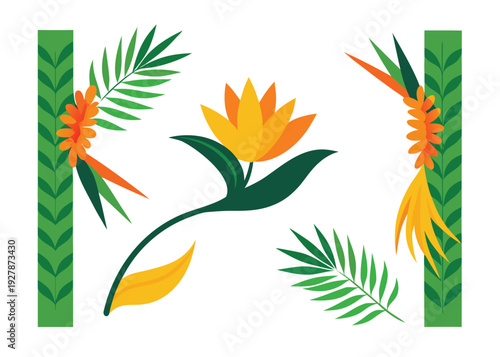 A large central yellow and orange tropical flower is framed by vertical green borders with leaves and smaller floral elements.