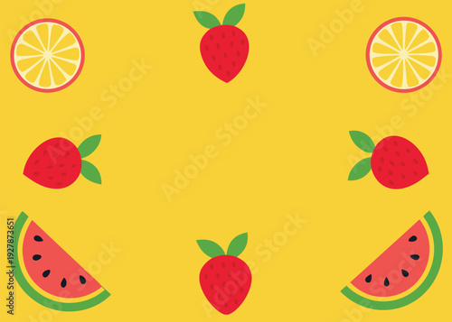 A circular frame of red strawberries, watermelon slices, and lemon halves is arranged on a bright yellow background.