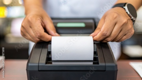 Cashless society behavior Person using a calculator or adding machine with a receipt roll on a desk.