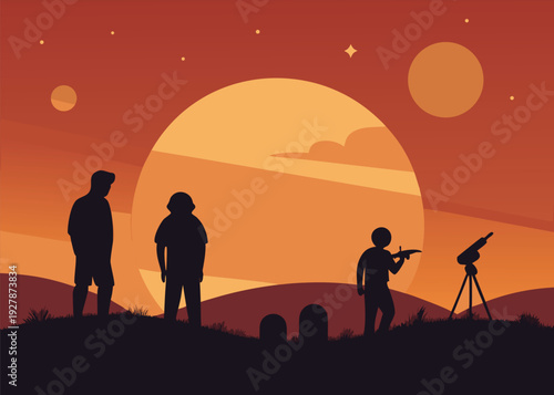 Silhouettes of a research team stand in a field with a telescope under a large orange sunset with celestial bodies.