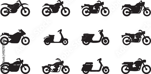 A large array of diverse black motorcycle and scooter silhouettes displayed across a white background