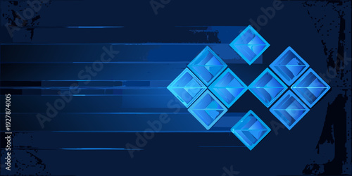 Abstract blue geometric shapes with dynamic light streaks and a dark background