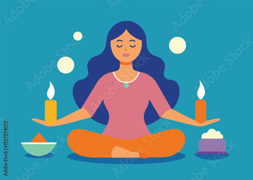 Woman with blue hair meditates in lotus position holding candles, surrounded by bowls and floating orbs on a blue background.
