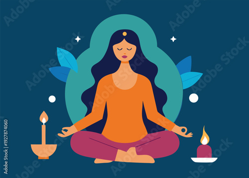 Woman in orange shirt meditates in lotus position with candles, leaves, stars, and a bindi on a dark blue background.